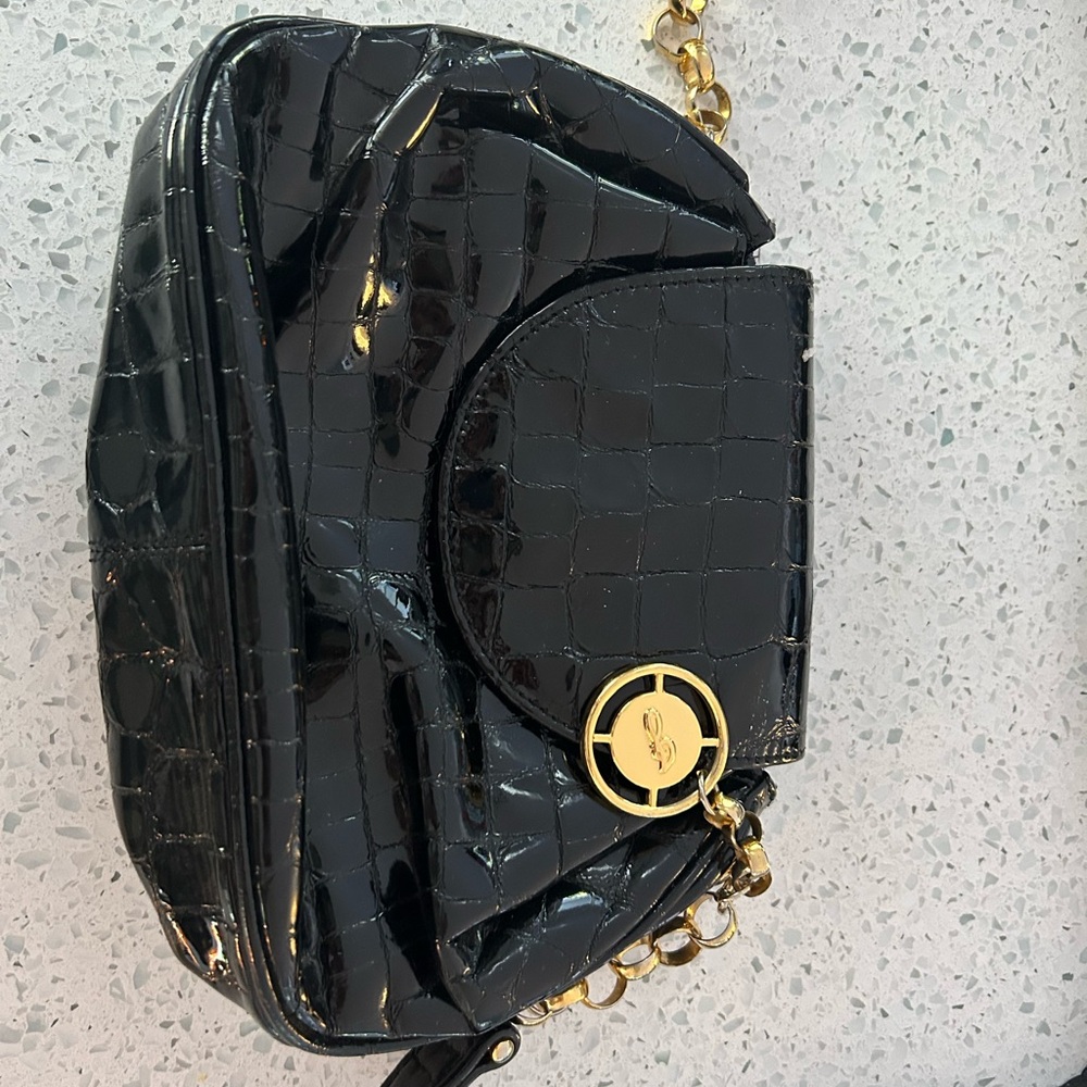 Glossy Black Croc-Embossed Crossbody Bag with Gold Accents
